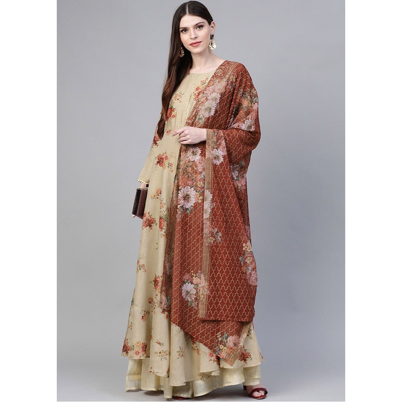 2 Pc Brown Polyester Anarkali Kurti With Dupatta - JD986589864