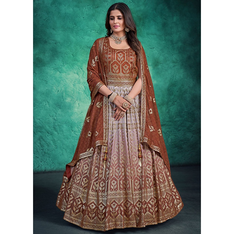 2 Pc Brown Readymade Georgette Gown Set - JD986589863
