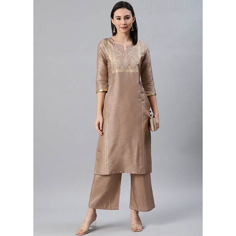 2 Pc Brown Readymade Silk Straight Kurti Set - JD986589861