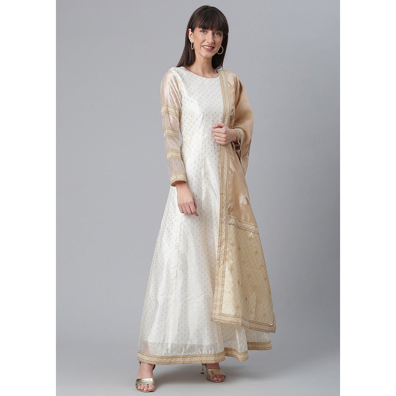 2 Pc Cream Chanderi Anarkali Kurti With Dupatta - JD986589858