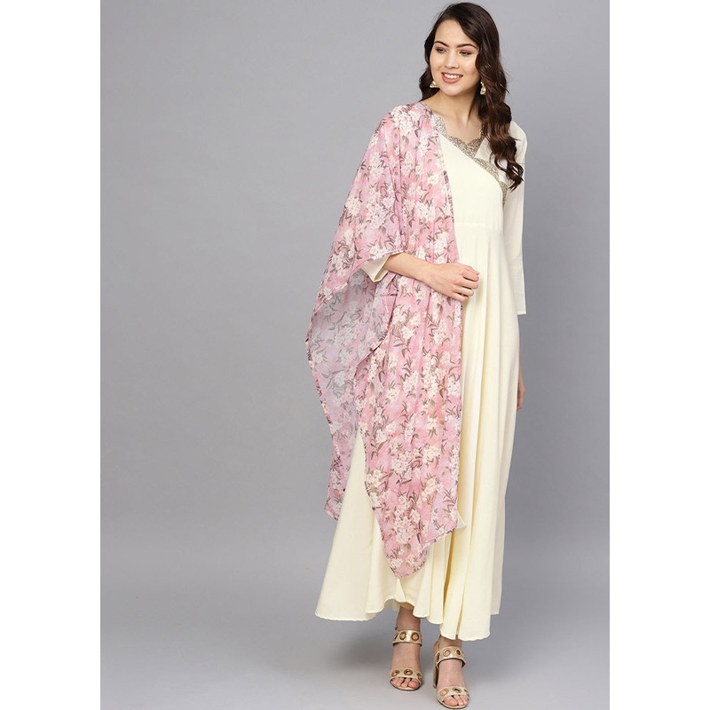 2 Pc Cream Georgette Angrakha Style Kurti With Dupatta - JD986589857