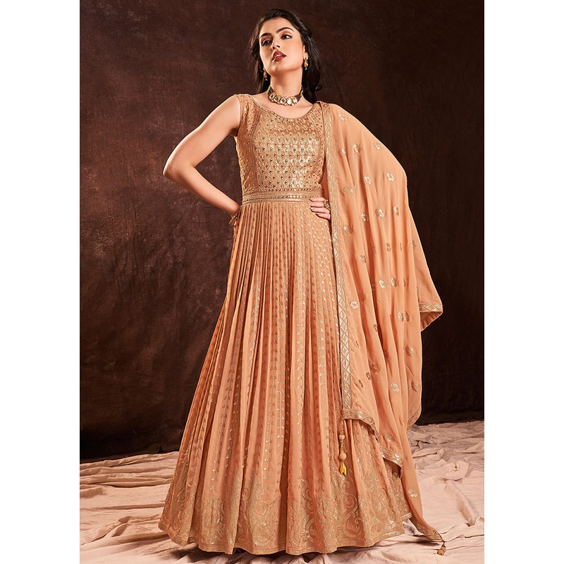 2 Pc Cream Readymade Pure Georgette Gown - JD986589855