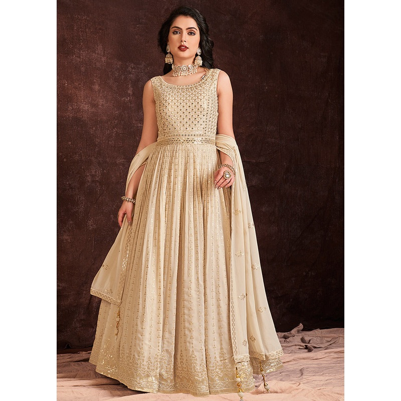 2 Pc Cream Readymade Pure Georgette Gown - JD986589856