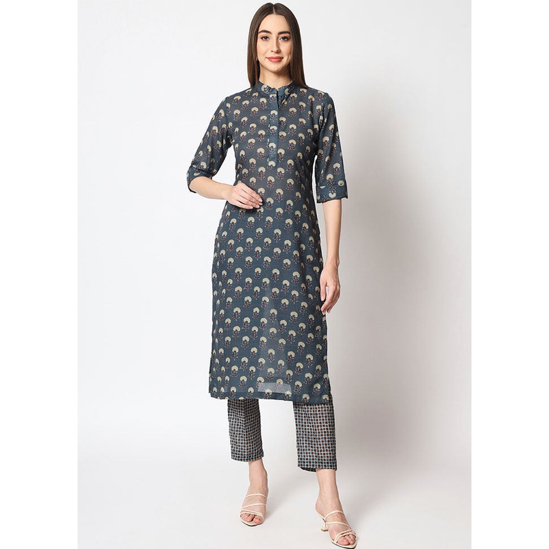2 Pc Dark Blue Readymade Cotton Kurti Set - JD986589854