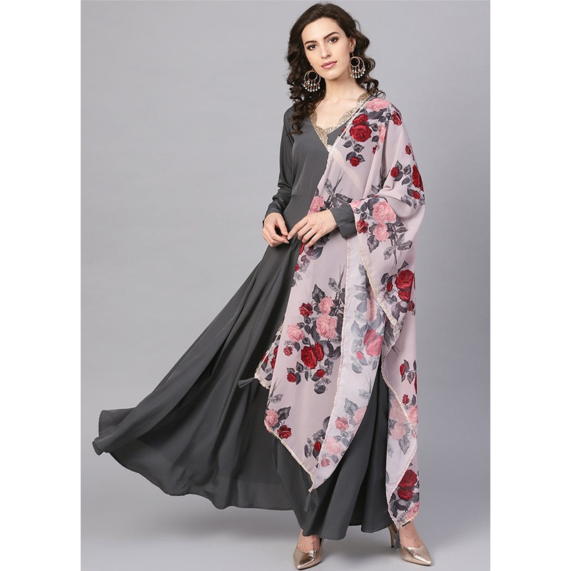 2 Pc Dark Grey Georgette Angrakha Style Kurti With Dupatta - JD986589853