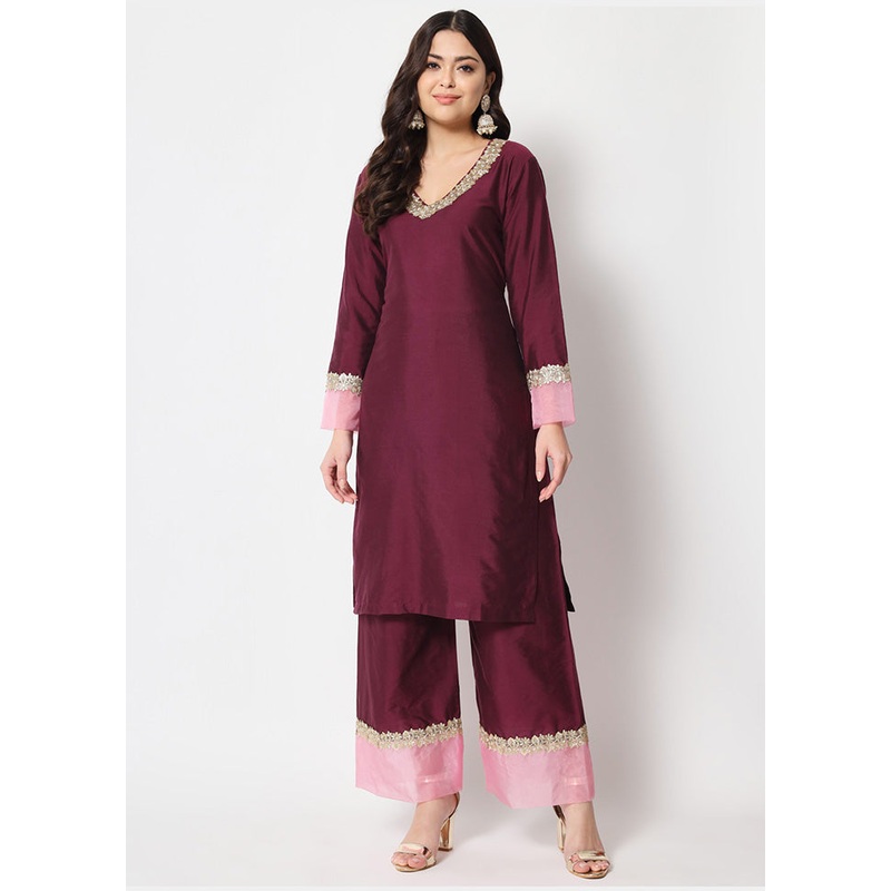 2 Pc Dark Pink Readymade Silk Kurti Set - JD986589851