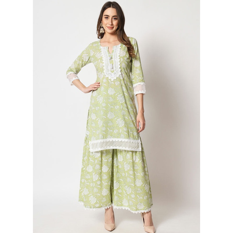 2 Pc Green Embroidered Cotton Kurti Set - JD986589850