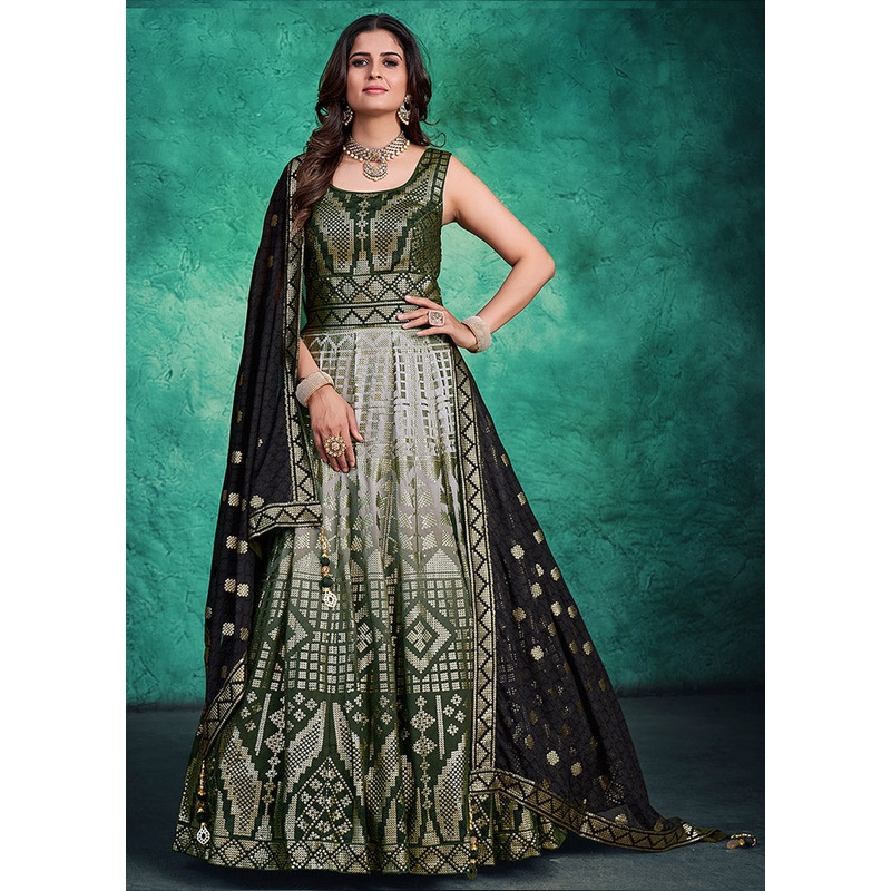 2 Pc Green Readymade Georgette Gown Set - JD986589848