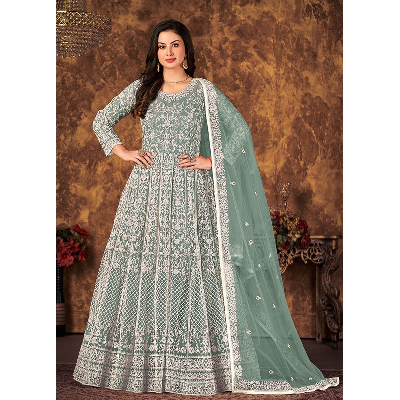 2 Pc Green Readymade Net Gown With Dupatta - JD986589846