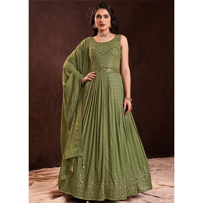 2 Pc Green Readymade Pure Georgette Gown - JD986589844