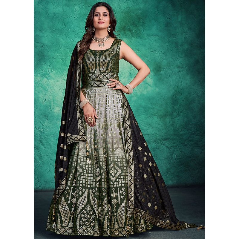 2 Pc Green Readymade Pure Georgette Gown - JD986589845