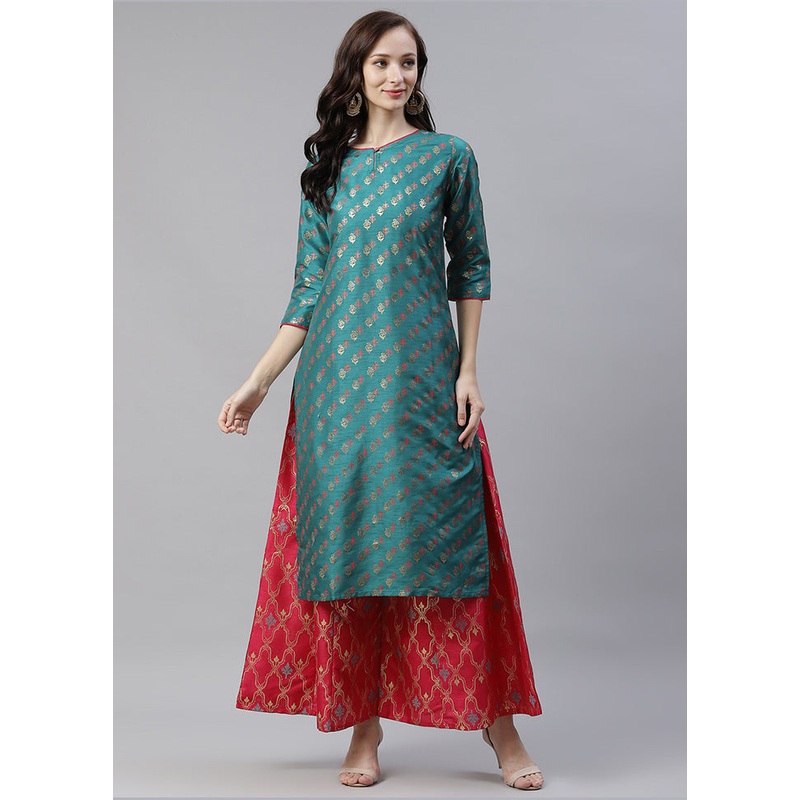 2 Pc Green Readymade Silk Kurti Set - JD986589837