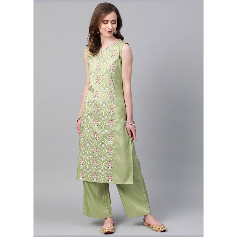 2 Pc Green Readymade Silk Kurti Set - JD986589838