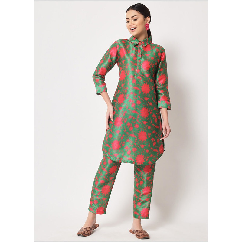 2 Pc Green Readymade Silk Kurti Set - JD986589839