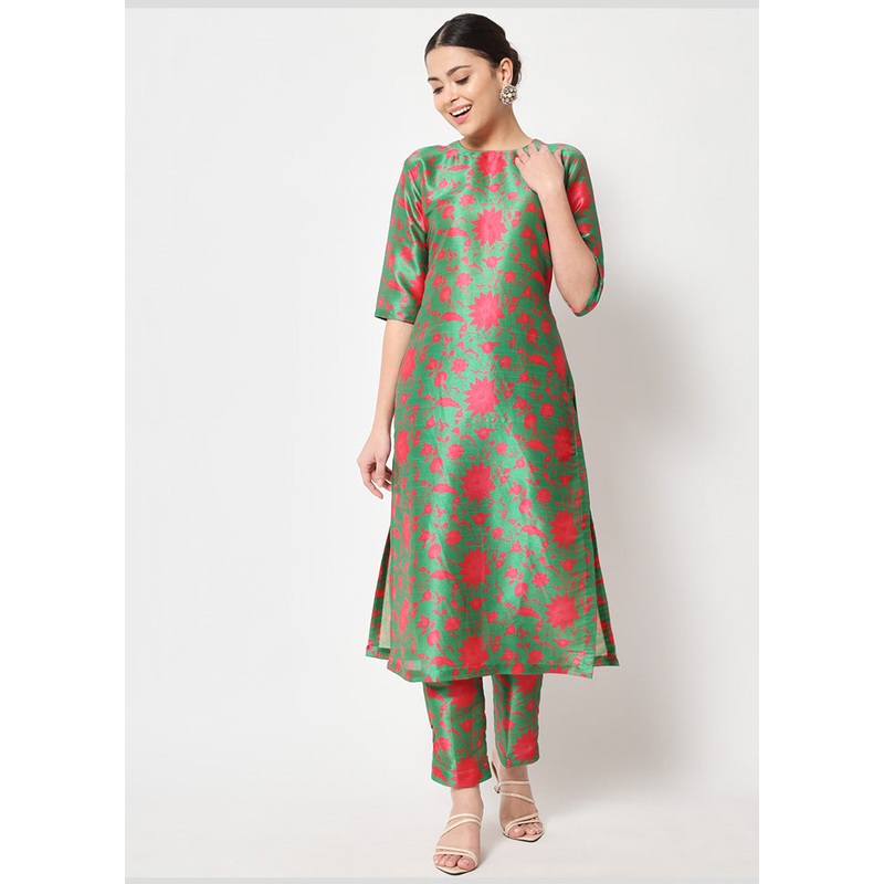 2 Pc Green Readymade Silk Kurti Set - JD986589841