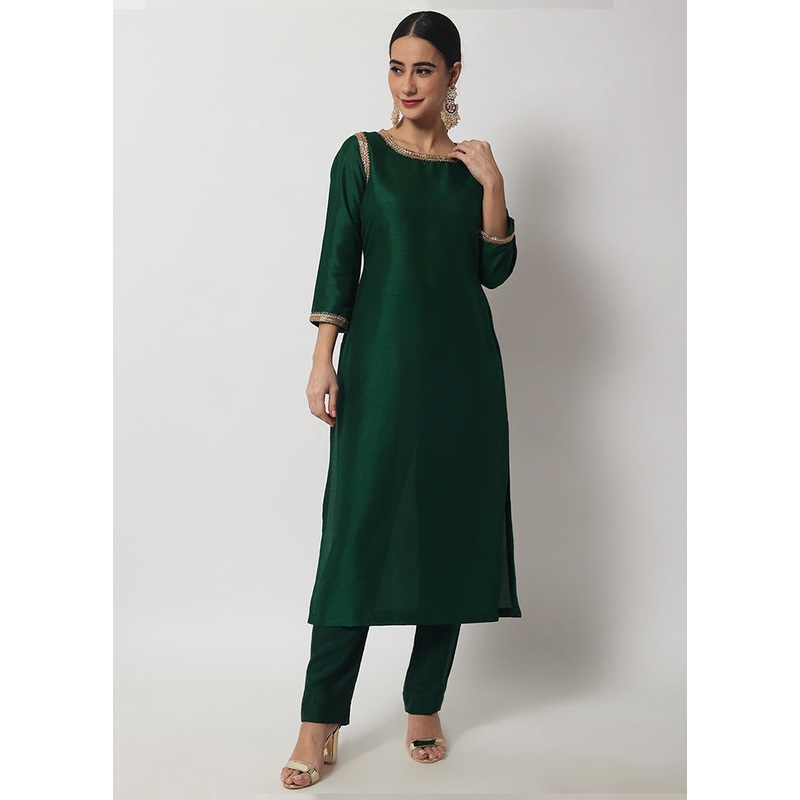 2 Pc Green Readymade Silk Kurti Set - JD986589842