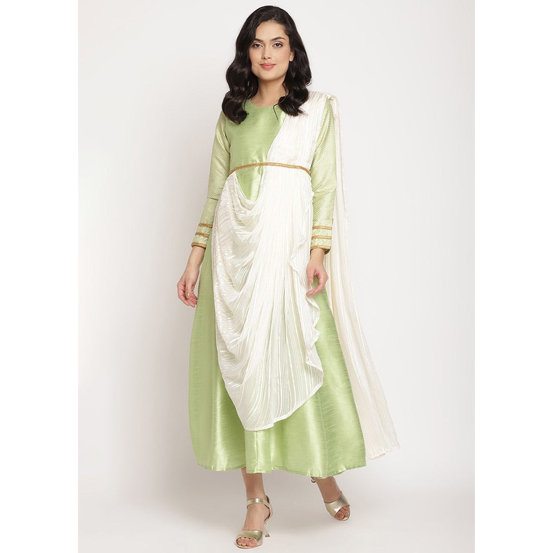 2 Pc Green Silk A Line Kurti With Dupatta - JD986589833