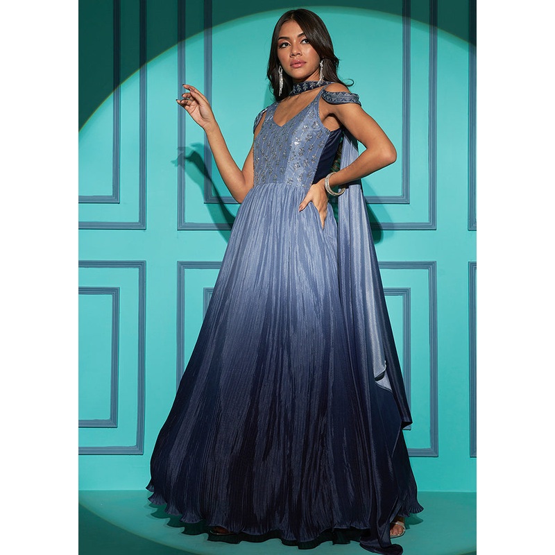 2 Pc Grey Chiffon Gown With Dupatta - JD986589832