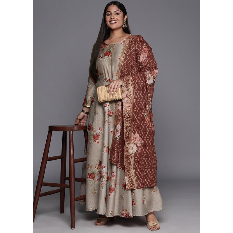 2 Pc Grey Polyester Dress With Dupatta - JD986589831