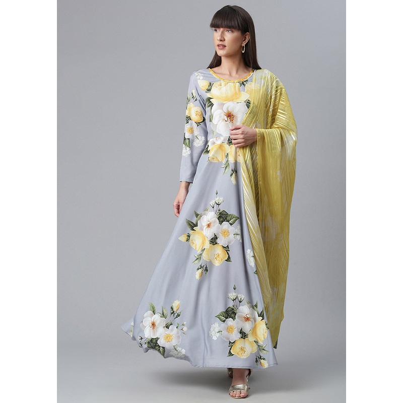 2 Pc Grey Rayon Maxi Dress With Dupatta - JD986589830