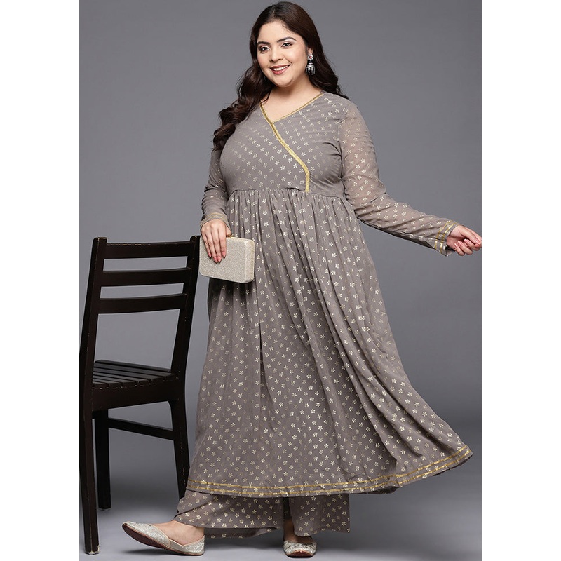 2 Pc Grey Readymade Georgette Kurti Set - JD986589827