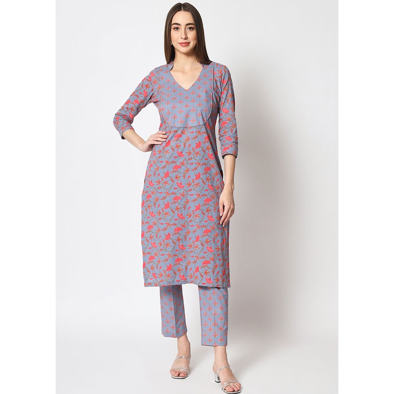 2 Pc Grey Readymade Printed Cotton Kurti Set - JD986589826