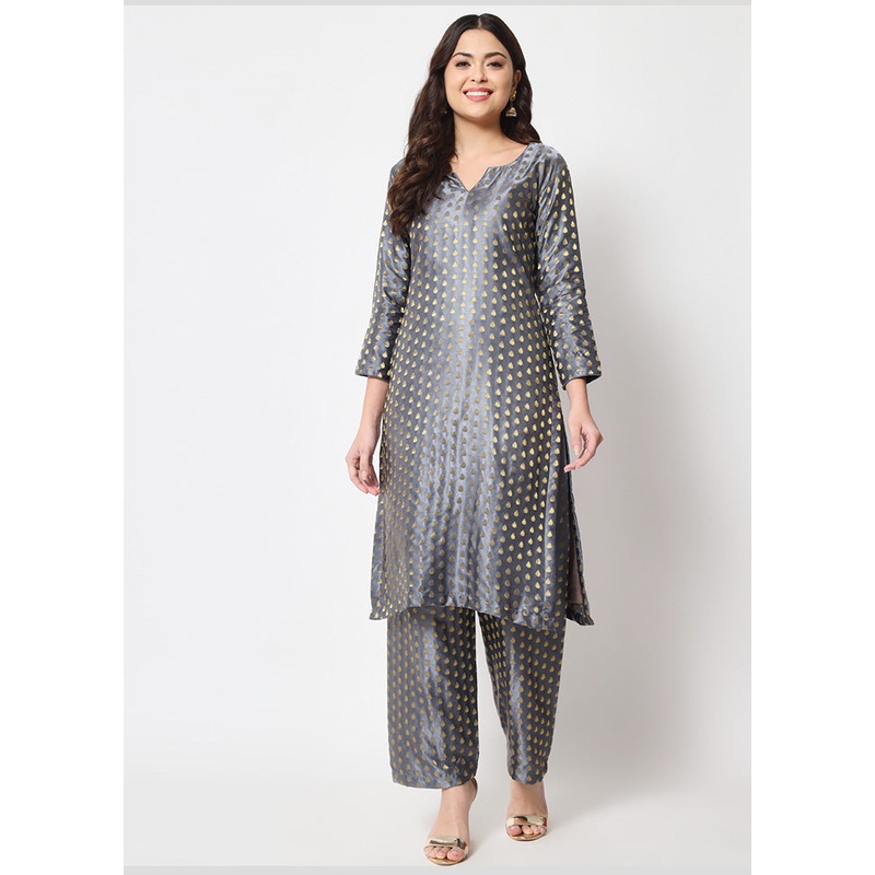 2 Pc Grey Readymade Silk Kurti Set - JD986589825