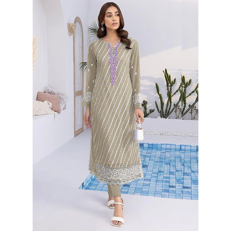 2 Pc Grey Semi Stitched Georgette Kurti Set - JD986589824