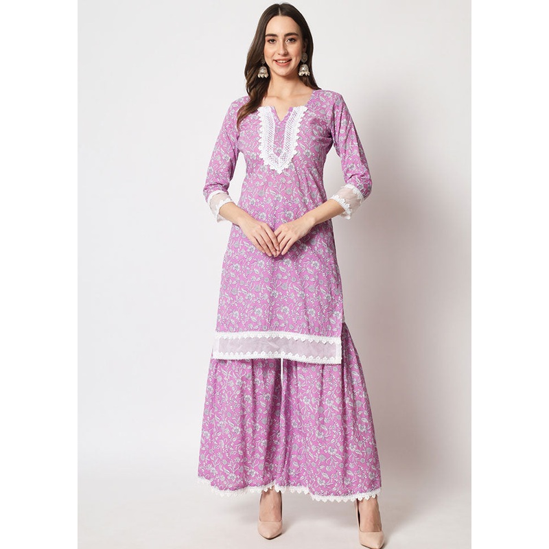 2 Pc Lavender Embroidered Cotton Kurti Set - JD986589823