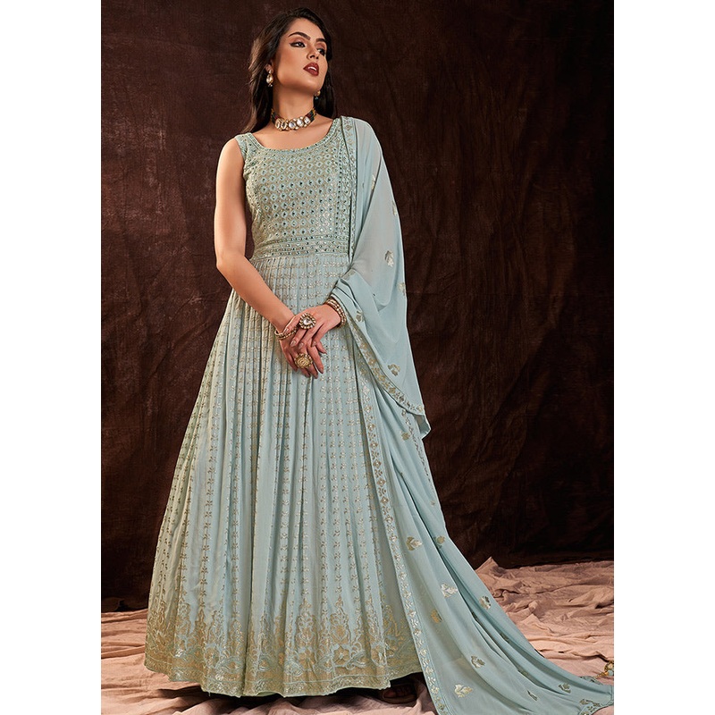 2 Pc Light Blue Pure Georgette Gown - JD986589820