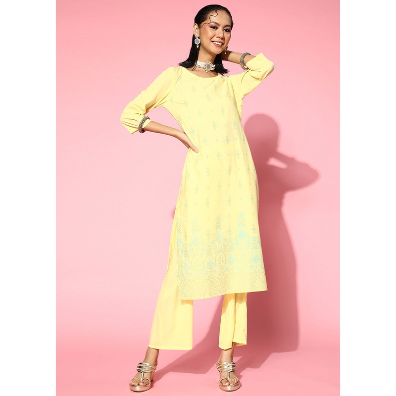 2 Pc Light Yellow Readymade Silk Kurti Set - JD986589819