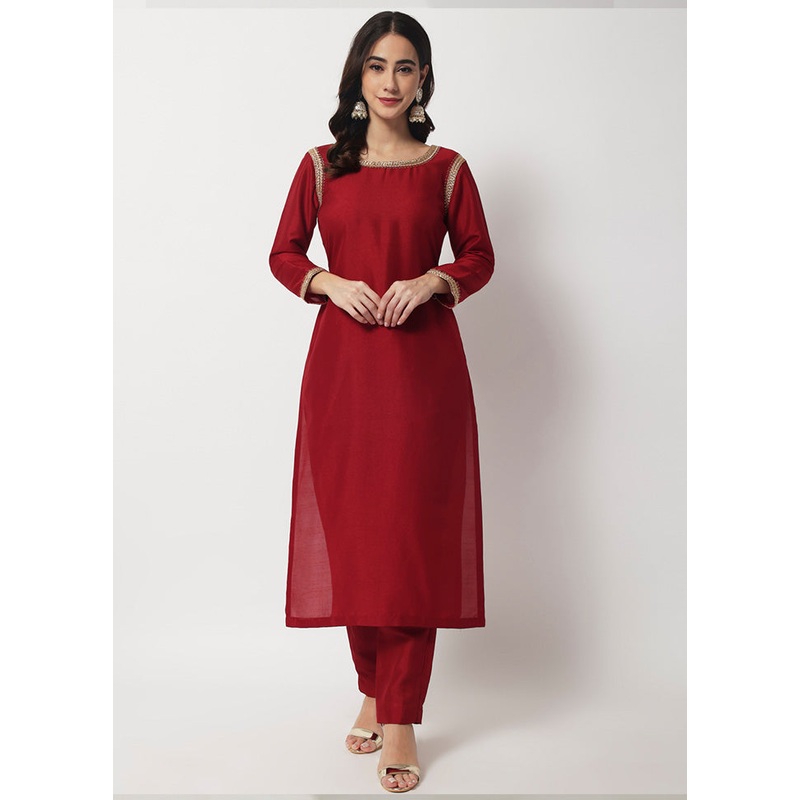 2 Pc Maroon Readymade Silk Kurti Set - JD986589817