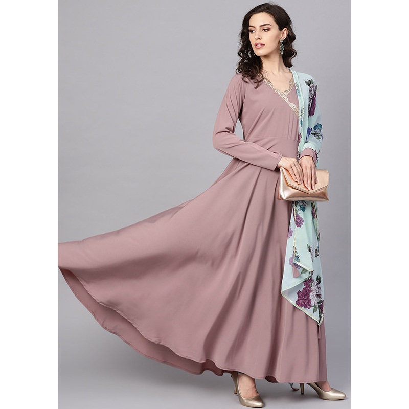 2 Pc Mauve Georgette Flared Kurti With Dupatta - JD986589815