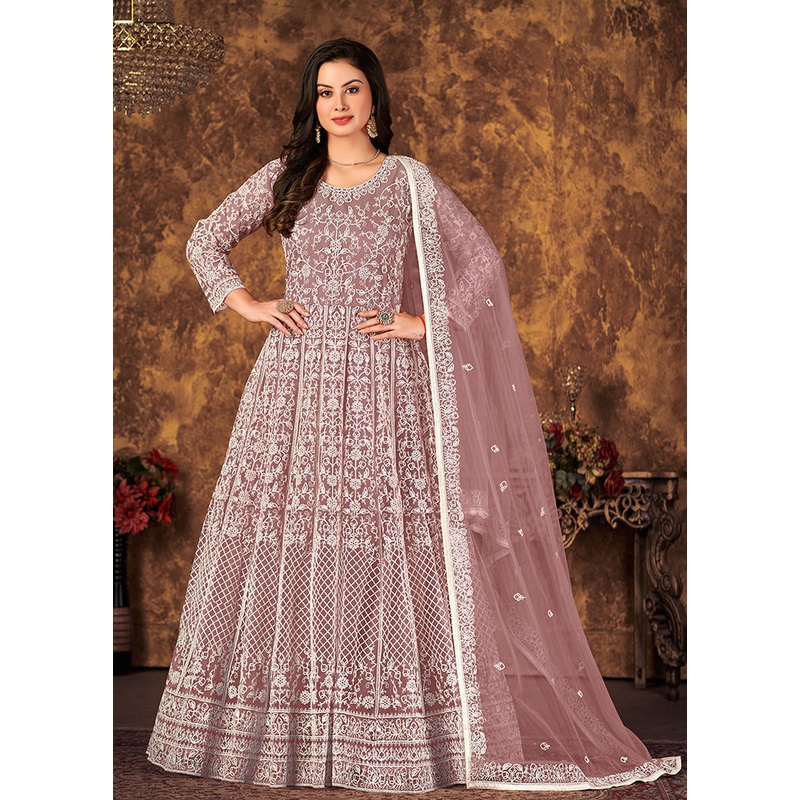 2 Pc Mauve Readymade Net Gown With Dupatta - JD986589814