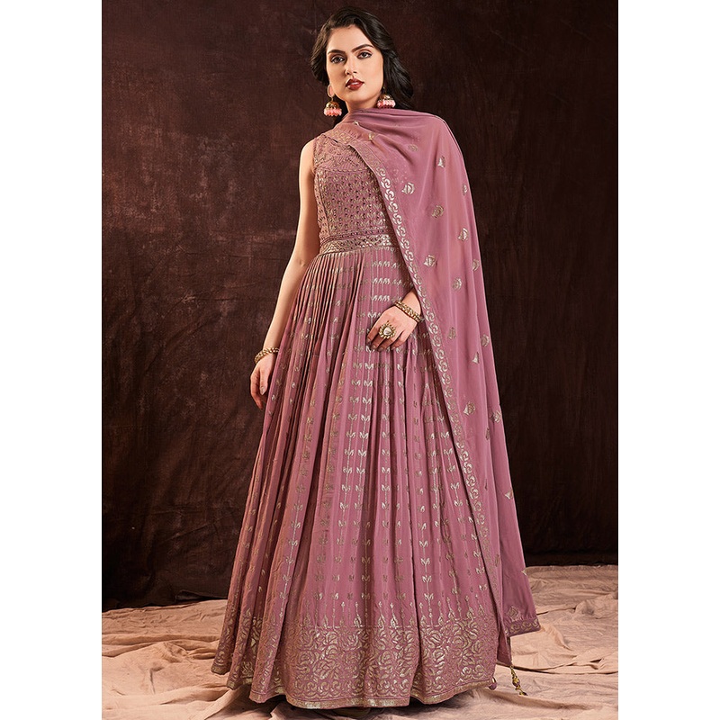 2 Pc Mauve Readymade Pure Georgette Gown - JD986589813