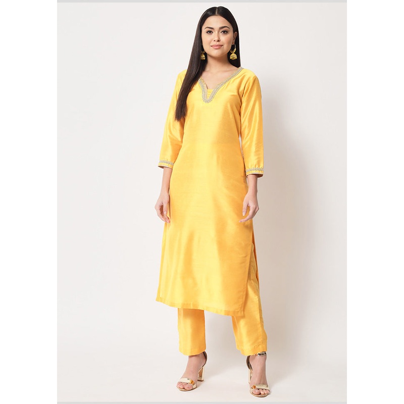 2 Pc Mustard Readymade Cotton Kurti Set - JD986589811