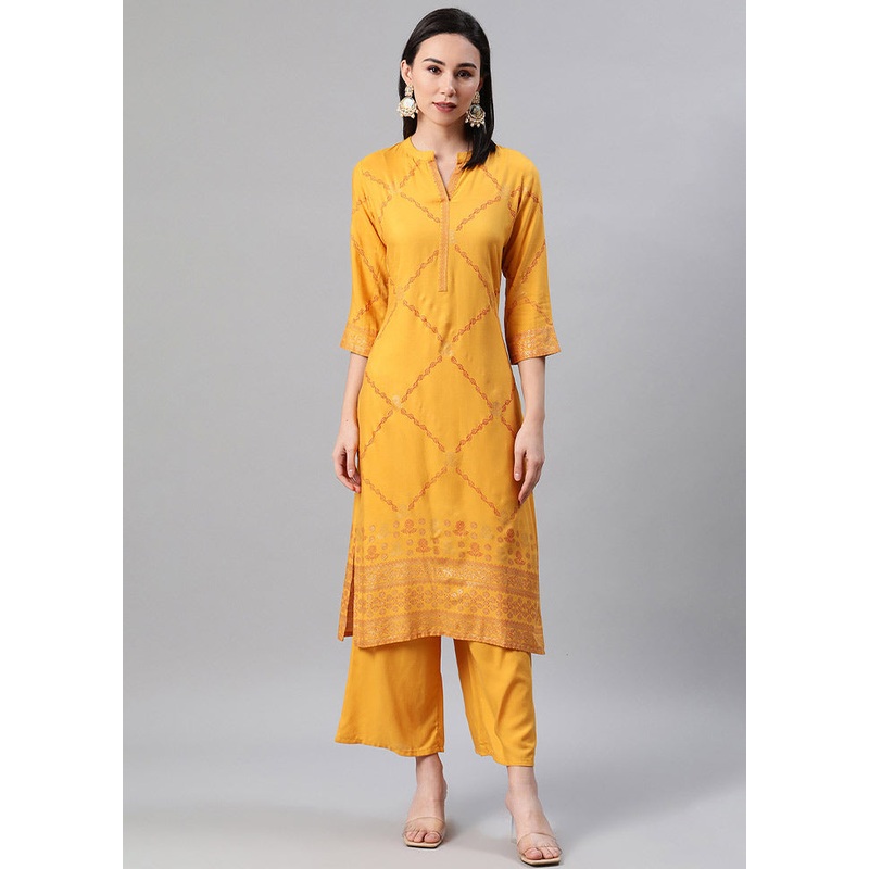 2 Pc Mustard Readymade Rayon Kurti Set - JD986589810