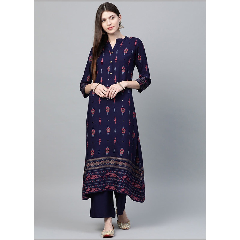 2 Pc Navy Blue Rayon A Line Kurti Set - JD986589808