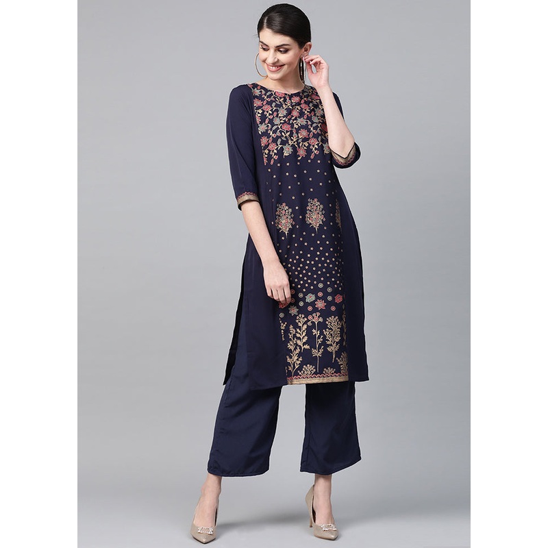 2 Pc Navy Blue Readymade Crepe Straight Kurti Set - JD986589807