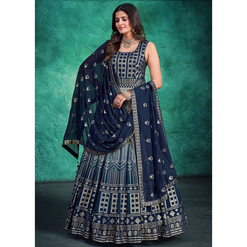 2 Pc Navy Blue Readymade Georgette Gown Set - JD986589806