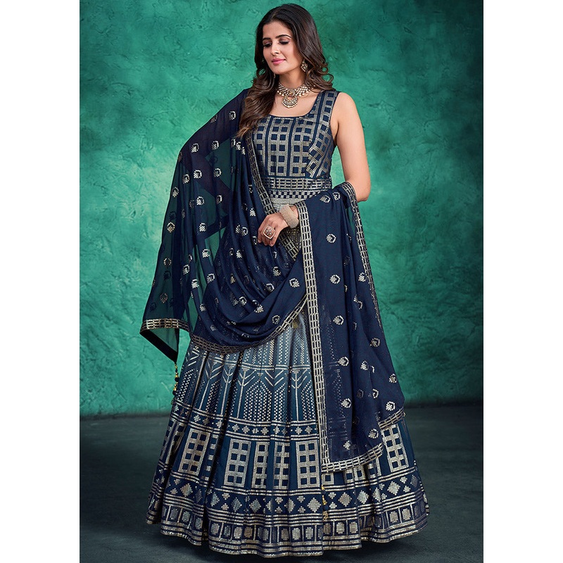 2 Pc Navy Blue Readymade Pure Georgette Gown - JD986589804