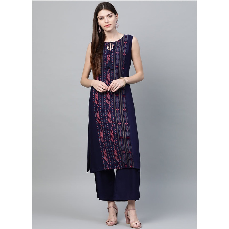 2 Pc Navy Blue Readymade Rayon Straight Kurti Set - JD986589803