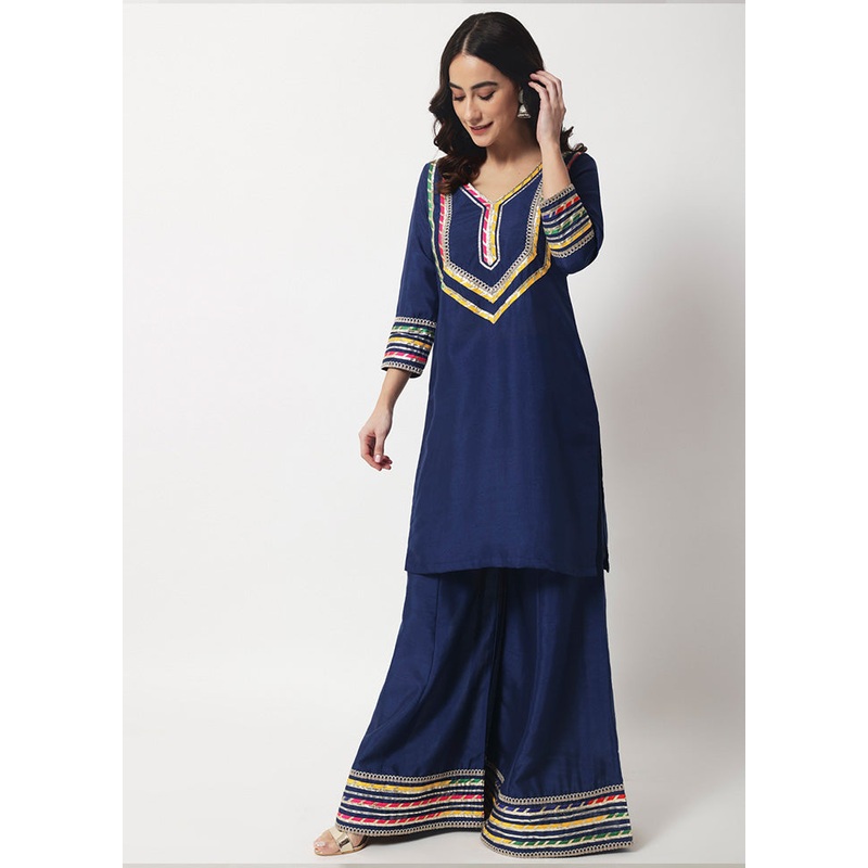 2 Pc Navy blue Readymade Silk Kurti Set - JD986589802