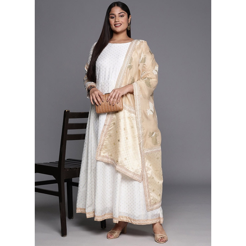 2 Pc Off White Polyester Dress With Dupatta - JD986589801