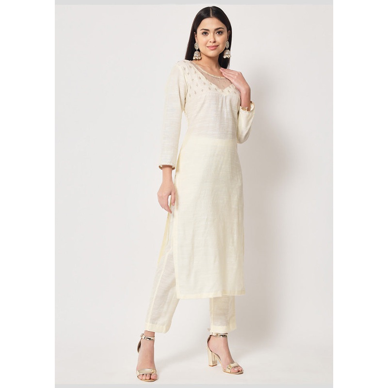 2 Pc Off White Readymade Cotton Kurti Set - JD986589797