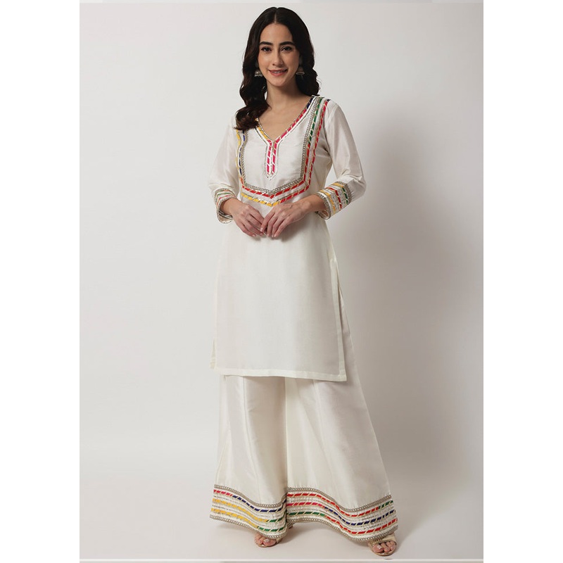 2 Pc Off White Readymade Silk Kurti Set - JD986589795