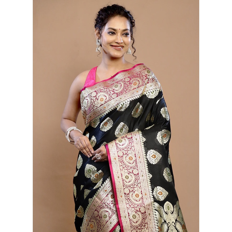 Black Banarasi Silk Saree With Blouse Piece - JD986589793