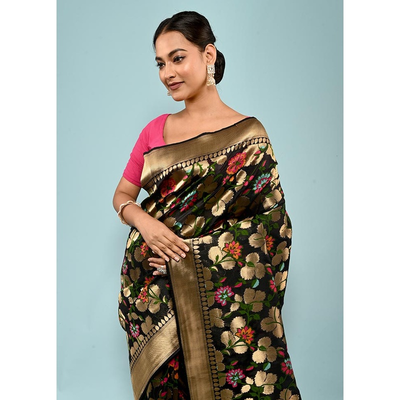 Black Dupion Silk Saree With Blouse Piece - JD986589791
