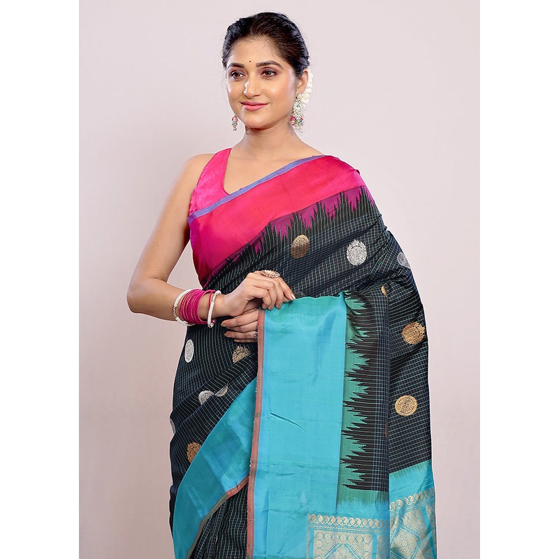 Black Gadwal Pure Silk Saree Without Blouse Piece - JD986589790