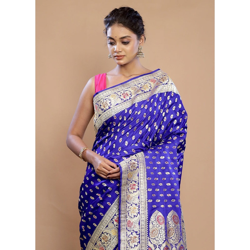 Blue Banarasi Pure Silk Saree With Blouse Piece - JD986589787
